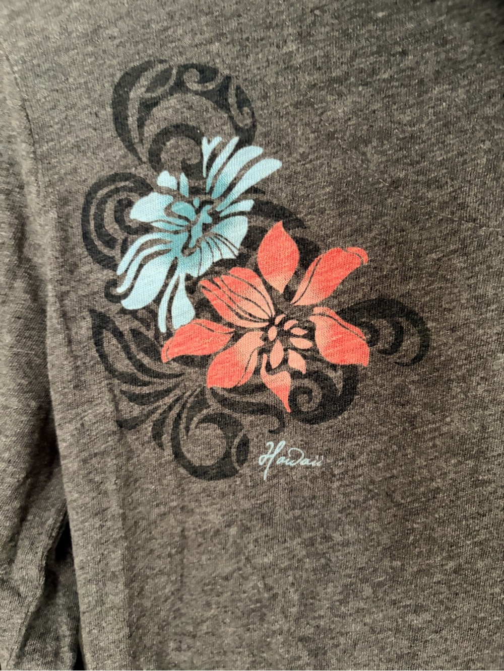 Crazy Shirts- Gray Hooded Long-Sleeve Top with Coral & Light Blue Floral- M - Picture 8 of 8